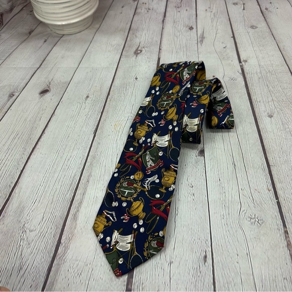 Brooks Brothers makers Navy Gold old sport tennis themed silk Tie preppy - Picture 1 of 4